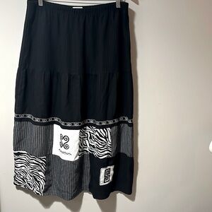 Boho Tiered Skirt Koret Black Maxi women’s L B&W Zebra Patchwork Embroidery